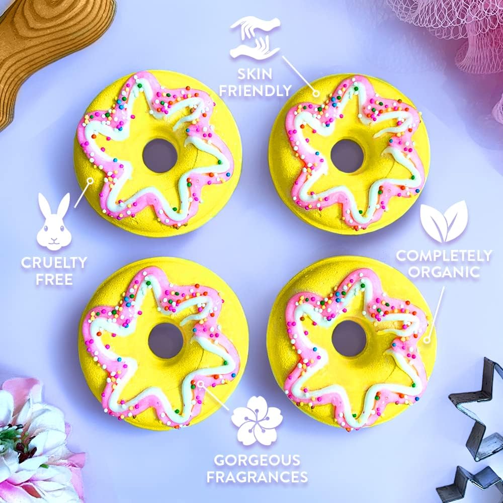 4 x Large Doughnut Bath Bombs from Zimpli Gifts, Fizzing Colourful Bath Fizzies, Birthday Gift Set for Women, Her, Girlfriend, Mum, Christmas Xmas Stocking Fillers, Relaxing Pamper Set, Hamper Gifts