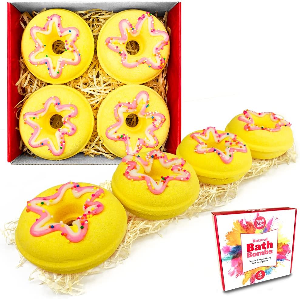 4 x Large Doughnut Bath Bombs from Zimpli Gifts, Fizzing Colourful Bath Fizzies, Birthday Gift Set for Women, Her, Girlfriend, Mum, Christmas Xmas Stocking Fillers, Relaxing Pamper Set, Hamper Gifts