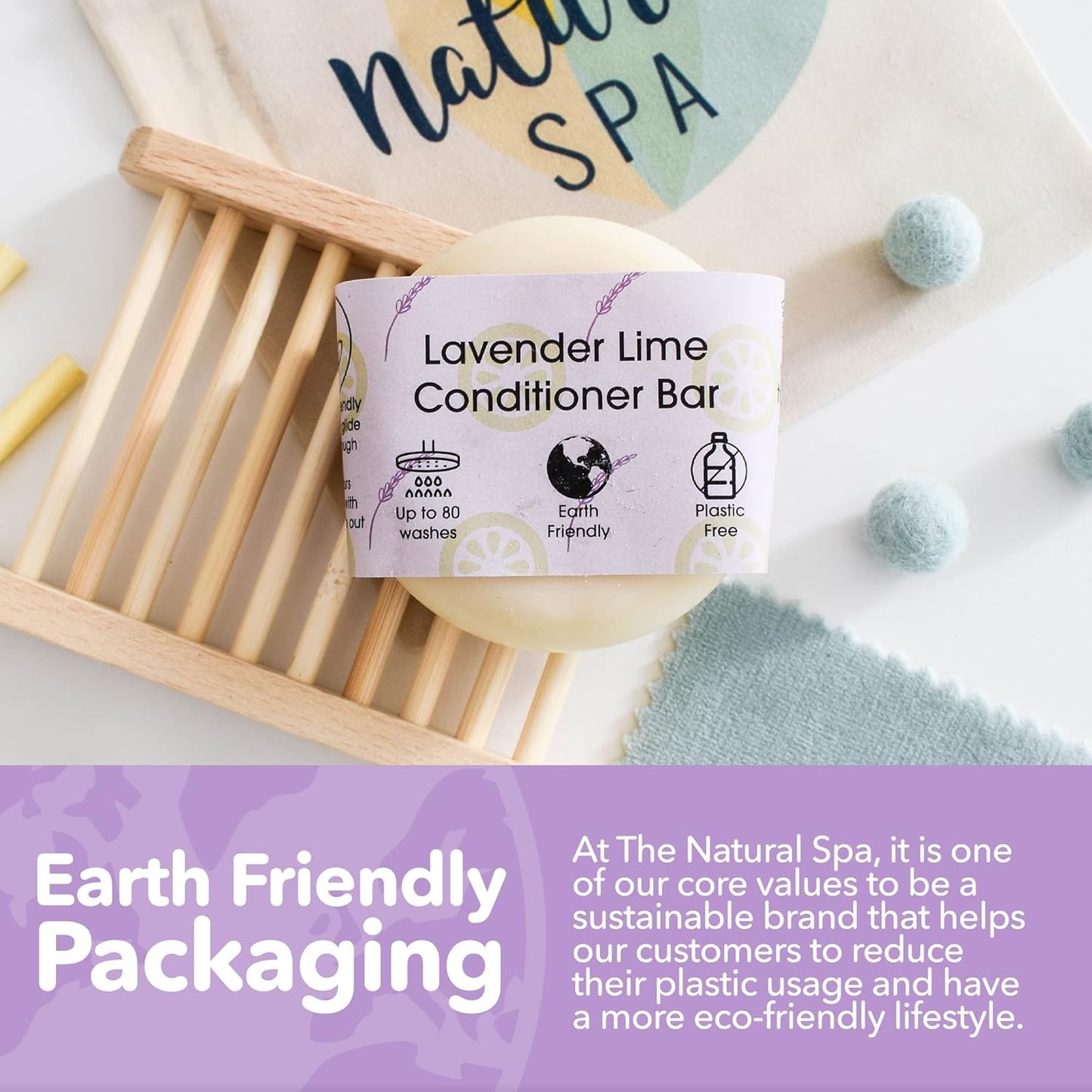 Lavender Lime Hair Conditioner Bar, Natural Hair Care Bar for Frizzy Hair, Vegan Hair Bars, Plastic-Free, No Chemicals & Preservatives, Up to 80 Washes, 60g - The Natural Spa