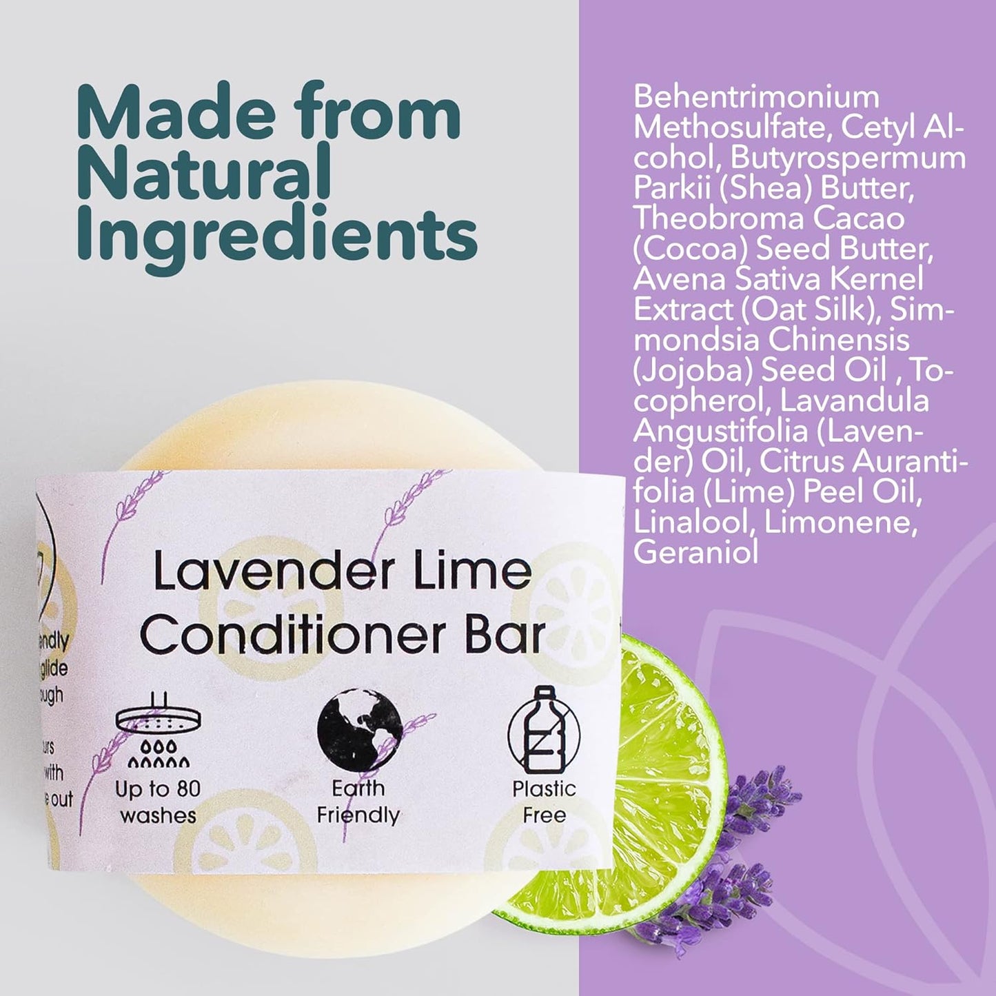 Lavender Lime Hair Conditioner Bar, Natural Hair Care Bar for Frizzy Hair, Vegan Hair Bars, Plastic-Free, No Chemicals & Preservatives, Up to 80 Washes, 60g - The Natural Spa