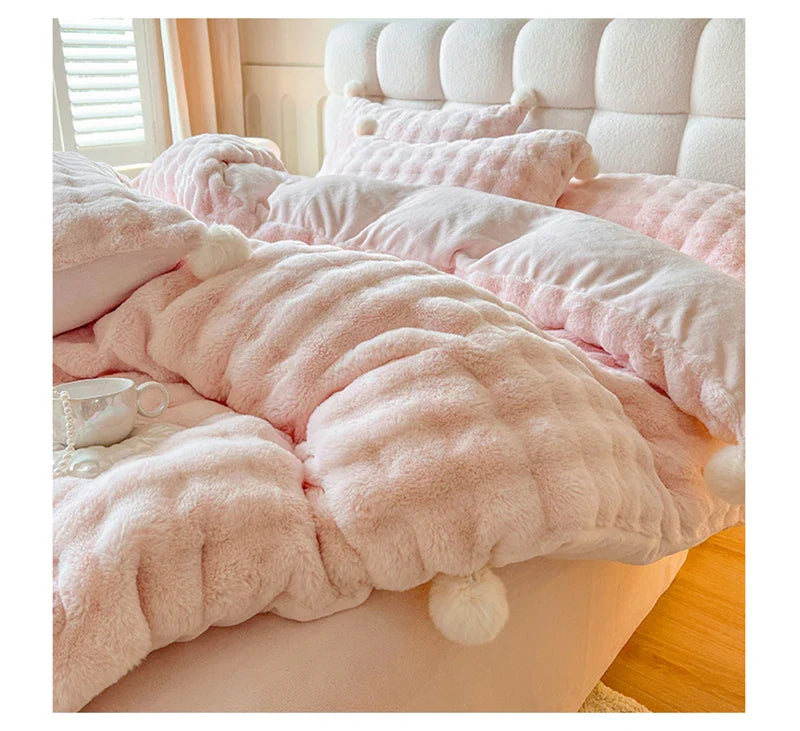 Tuscan Faux Fur Warm Fluffy Bedding Set for Winter Skin Friendly Warmth Plush Duvet Cover Set Queen Thickend Blanket Cover Sets