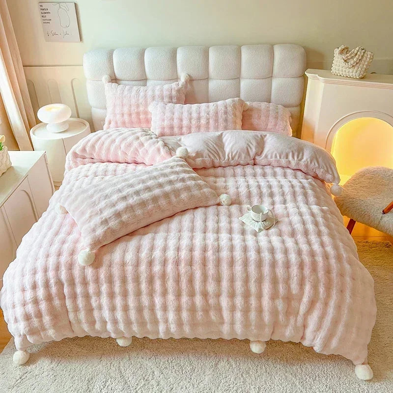 Tuscan Faux Fur Warm Fluffy Bedding Set for Winter Skin Friendly Warmth Plush Duvet Cover Set Queen Thickend Blanket Cover Sets