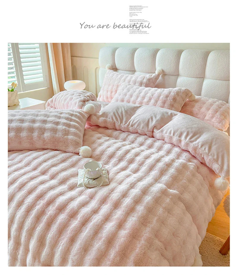 Tuscan Faux Fur Warm Fluffy Bedding Set for Winter Skin Friendly Warmth Plush Duvet Cover Set Queen Thickend Blanket Cover Sets