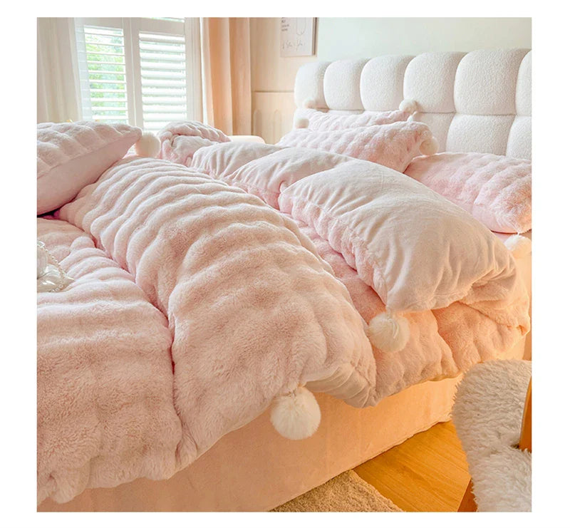 Tuscan Faux Fur Warm Fluffy Bedding Set for Winter Skin Friendly Warmth Plush Duvet Cover Set Queen Thickend Blanket Cover Sets