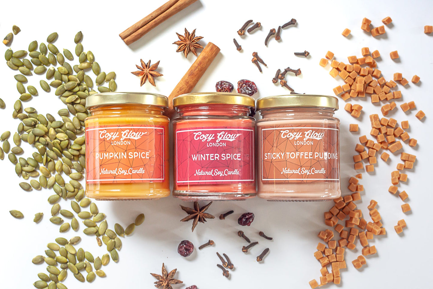 Cozy Glow Halloween Regular Soy Candles Trio
Pumpkin Spice, Winter Spice, & Sticky Toffee Pudding