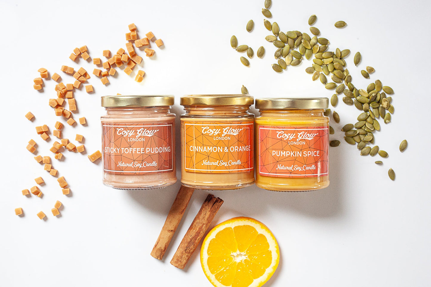 Cozy Glow Halloween Regular Soy Candles Trio
Pumpkin Spice, Cinnamon & Orange, & Sticky Toffee Pudding