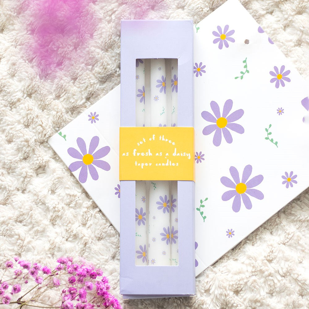 Set Of 3 Purple Daisy Taper Candles