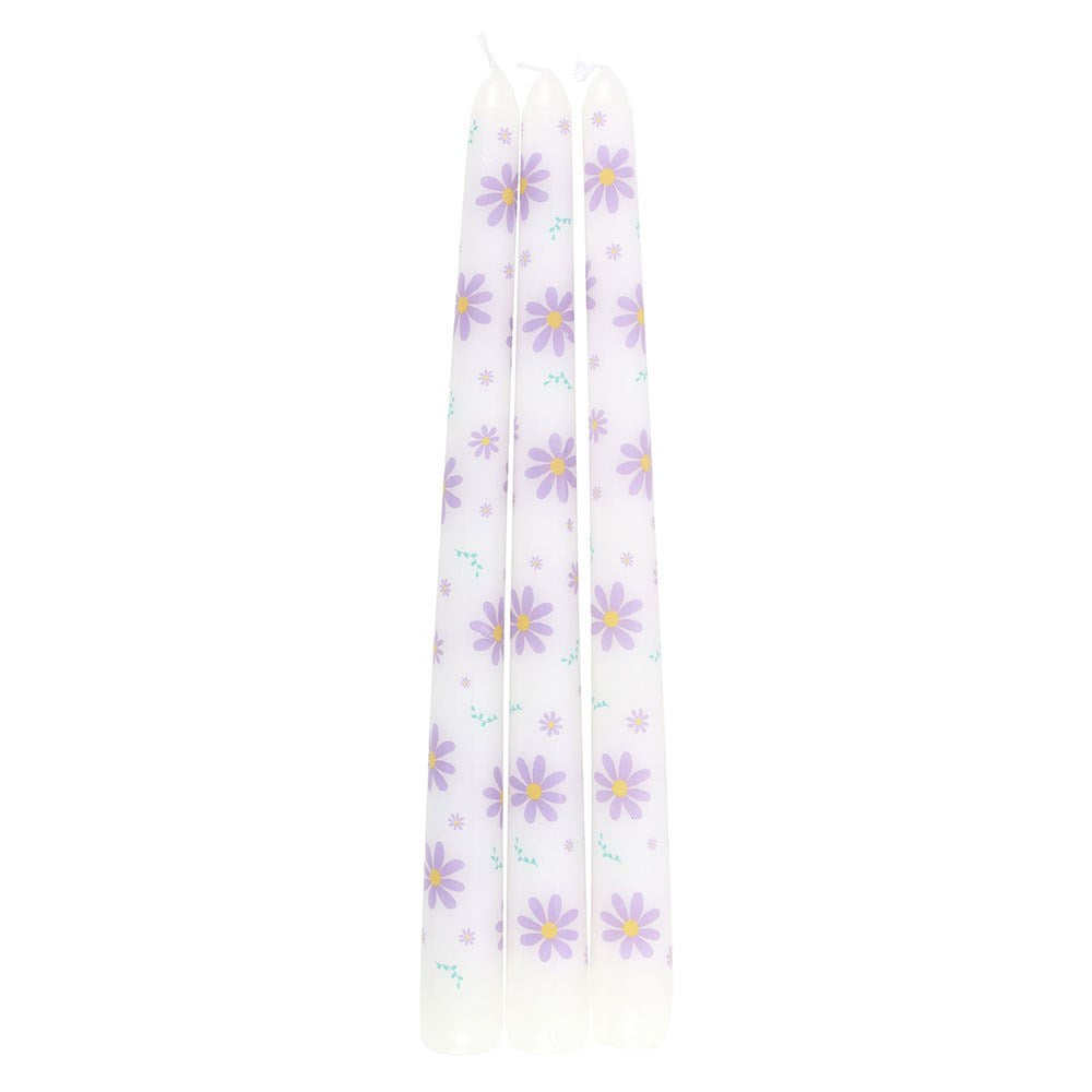 Set Of 3 Purple Daisy Taper Candles